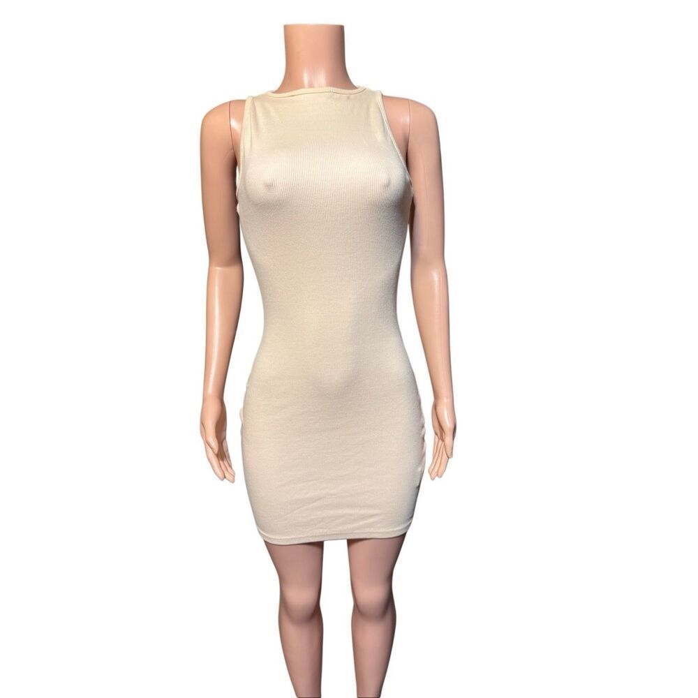 Missguided beige ribbed sleeveless bodycon mini dress 4